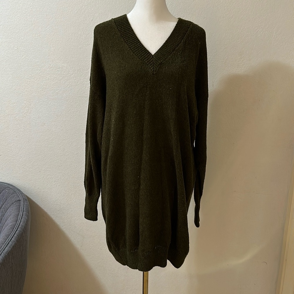 Zara Olive Green V Neck Sweater Dress